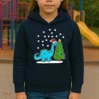 Christmas Brachiosaurus Dinosaur Eating A Christmas Tree Kids Hoodie thumb 3