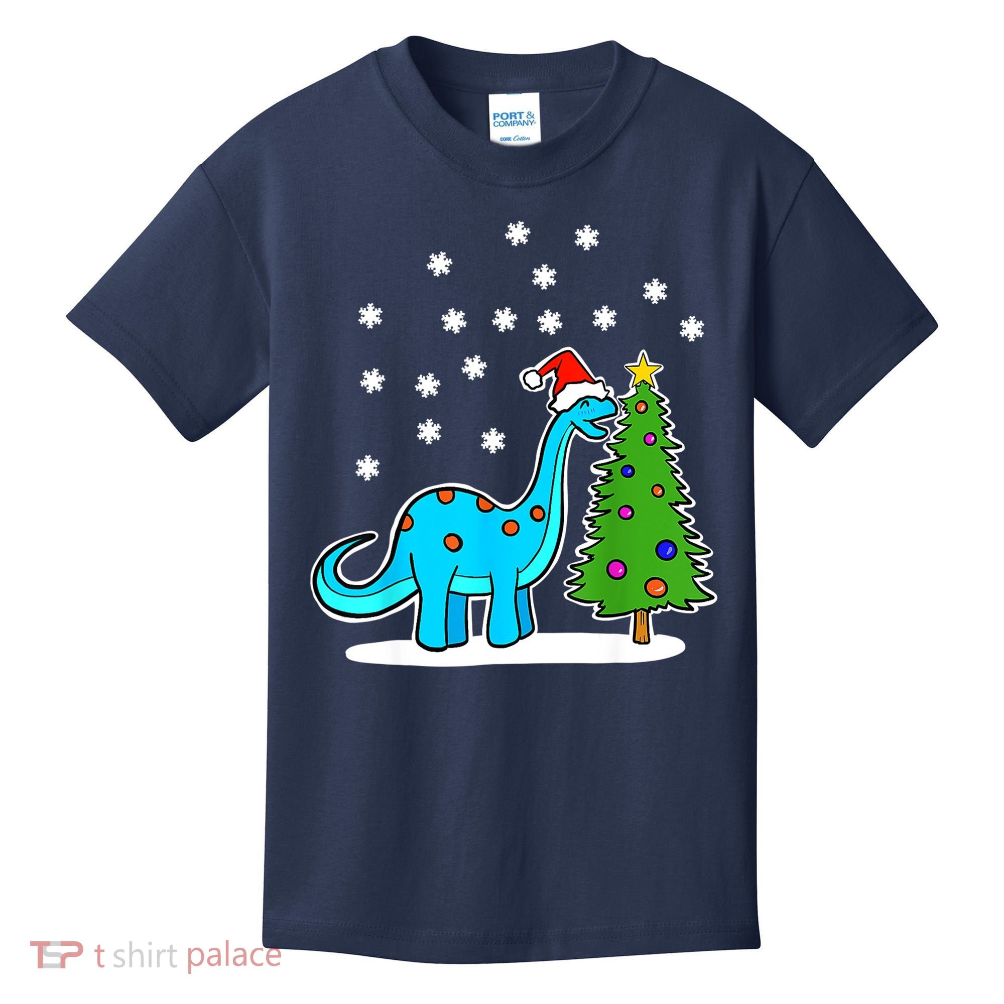 Christmas Brachiosaurus Dinosaur Eating A Christmas Tree Kids T-Shirt