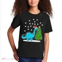Christmas Brachiosaurus Dinosaur Eating A Christmas Tree Kids T-Shirt thumb 2