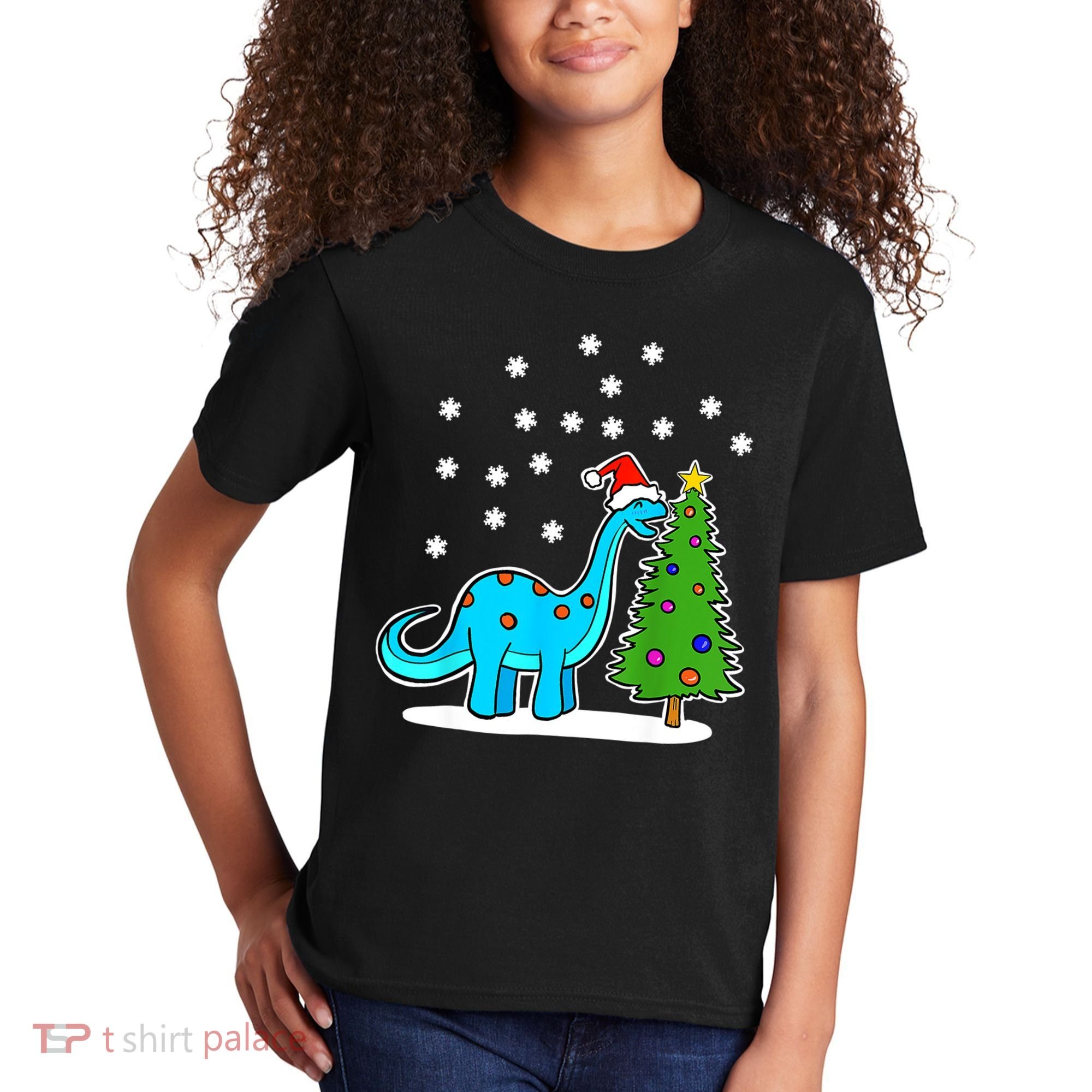 Christmas Brachiosaurus Dinosaur Eating A Christmas Tree Kids T-Shirt
