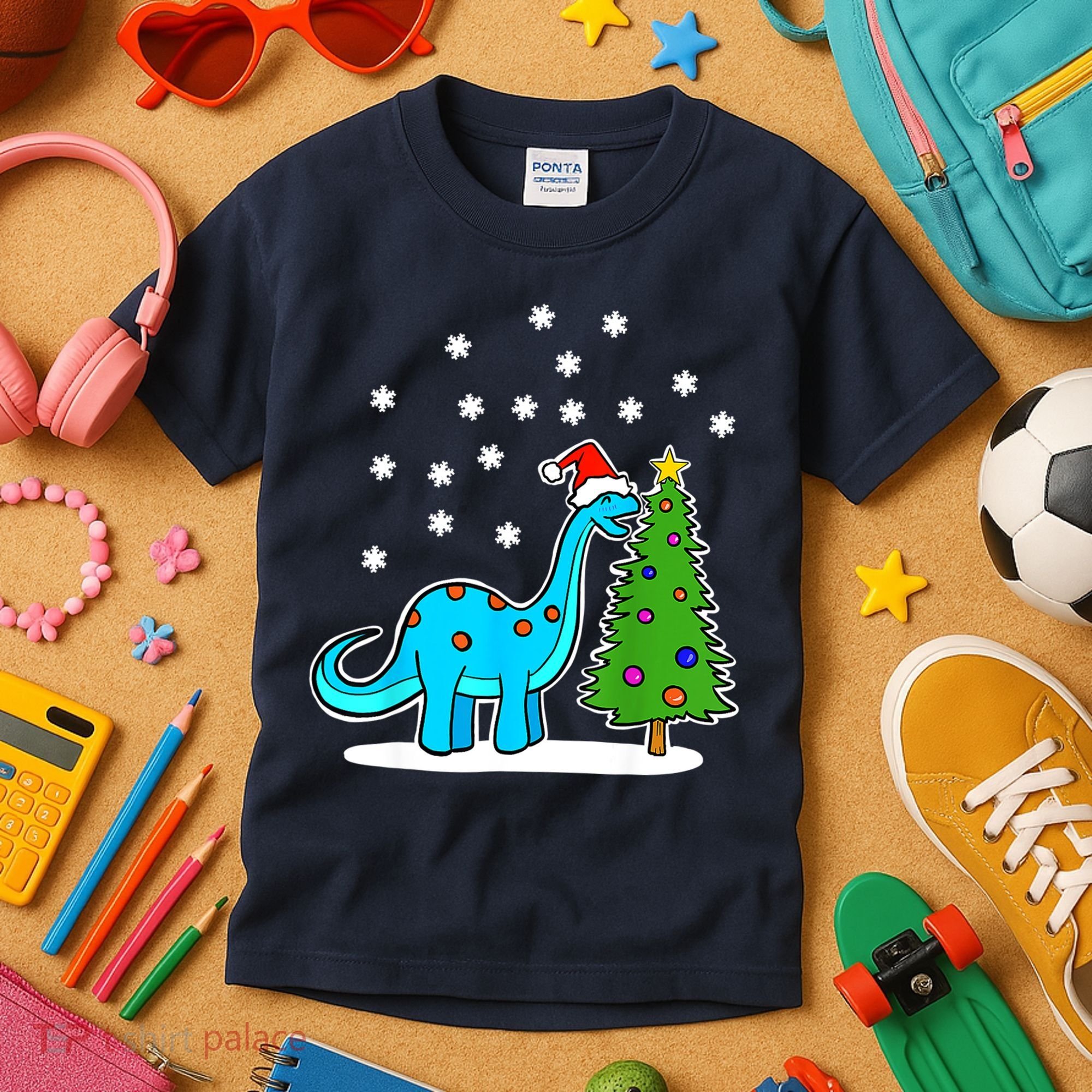 Christmas Brachiosaurus Dinosaur Eating A Christmas Tree Kids T-Shirt
