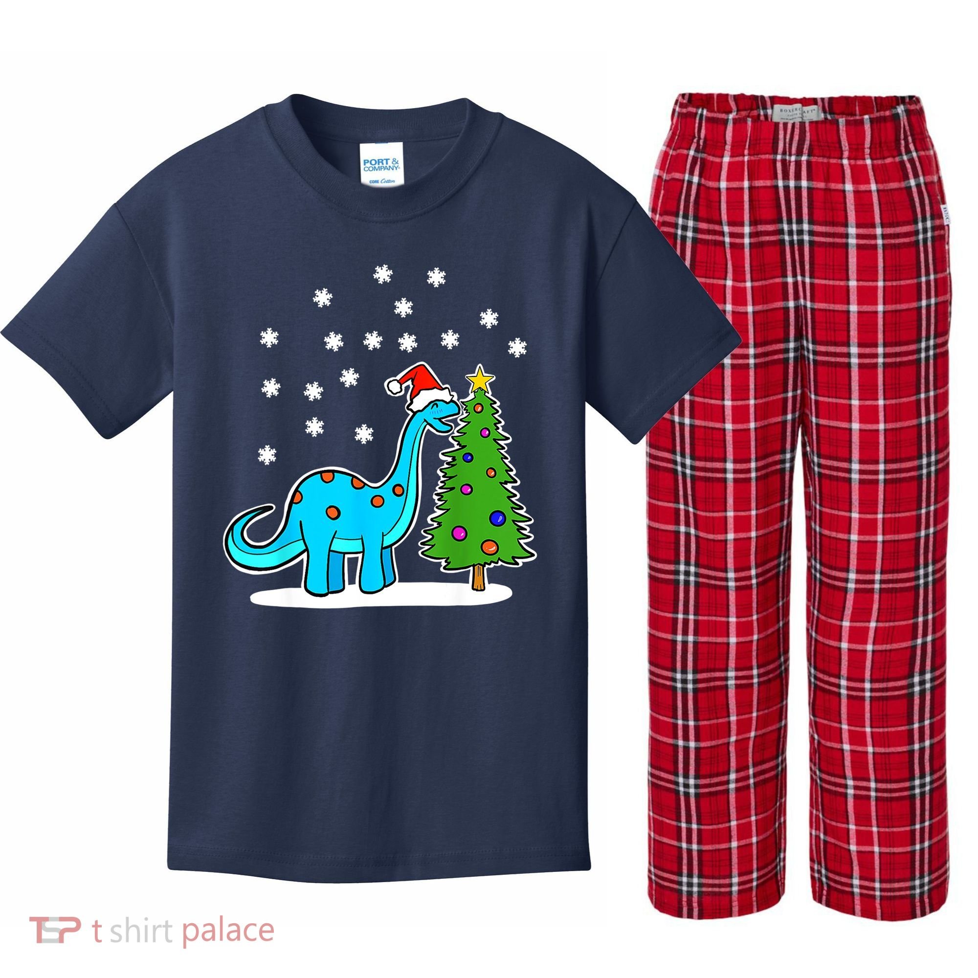 Christmas Brachiosaurus Dinosaur Eating A Christmas Tree Kids Plaid Pajama Set