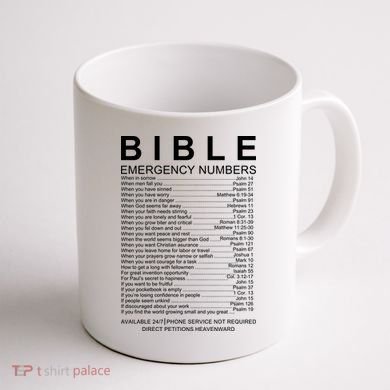 Christian Bible Emergency Numbers Coffee Mug back