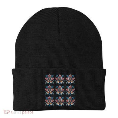Cute Boho Floral Grid Stylized Flower Graphic Beanie