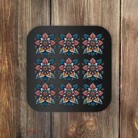 Cute Boho Floral Grid Stylized Flower Graphic Coaster thumb 0