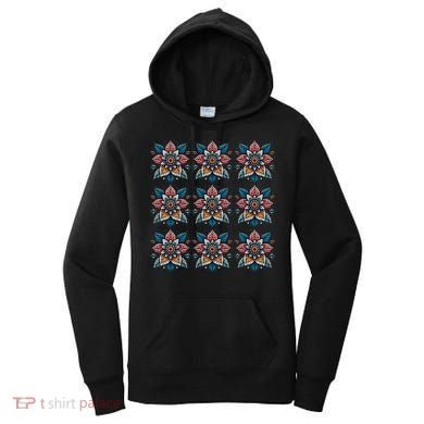 Cute Boho Floral Grid Stylized Flower Graphic Women's Hoodie