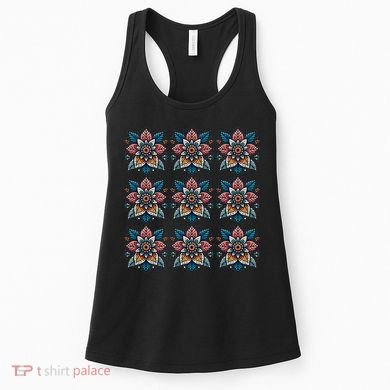 Cute Boho Floral Grid Stylized Flower Graphic Women's Tank Top