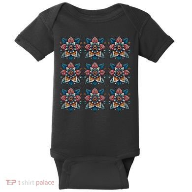 Cute Boho Floral Grid Stylized Flower Graphic Baby Bodysuit