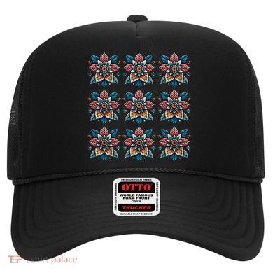 Cute Boho Floral Grid Stylized Flower Graphic Hat