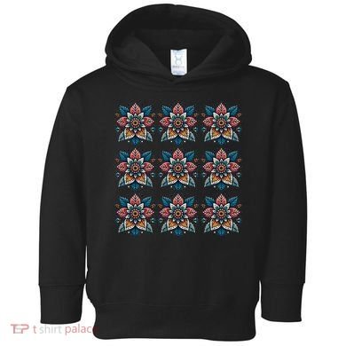Cute Boho Floral Grid Stylized Flower Graphic Toddler Hoodie