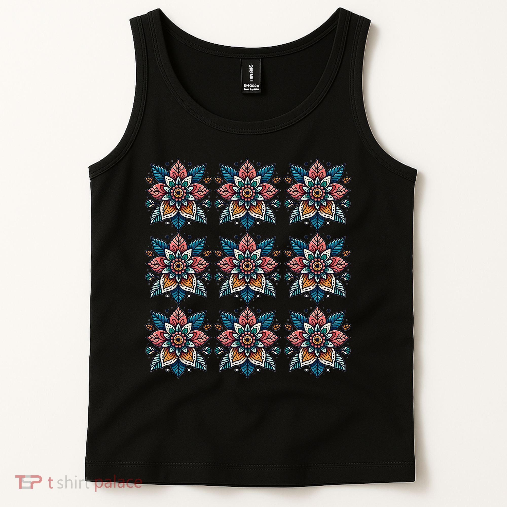 Cute Boho Floral Grid Stylized Flower Graphic Tank Top