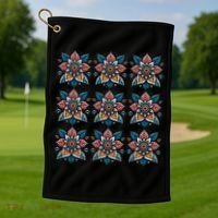 Cute Boho Floral Grid Stylized Flower Graphic Golf Towel thumb 1