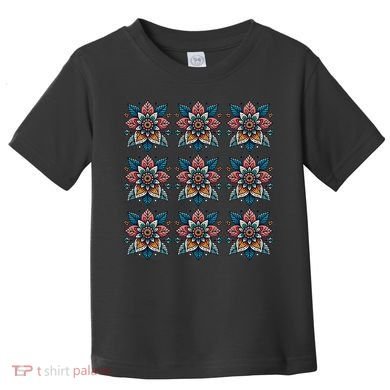 Cute Boho Floral Grid Stylized Flower Graphic Toddler T-Shirt
