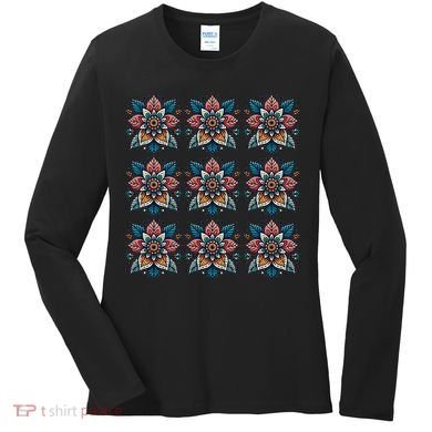 Cute Boho Floral Grid Stylized Flower Graphic Women's Long Sleeve Shirt