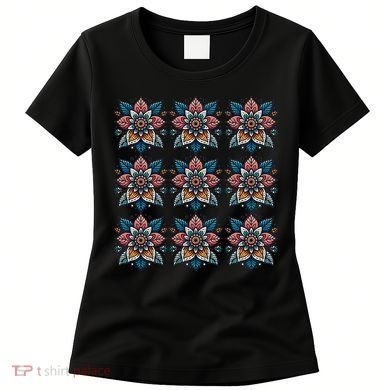 Cute Boho Floral Grid Stylized Flower Graphic Women's T-Shirt