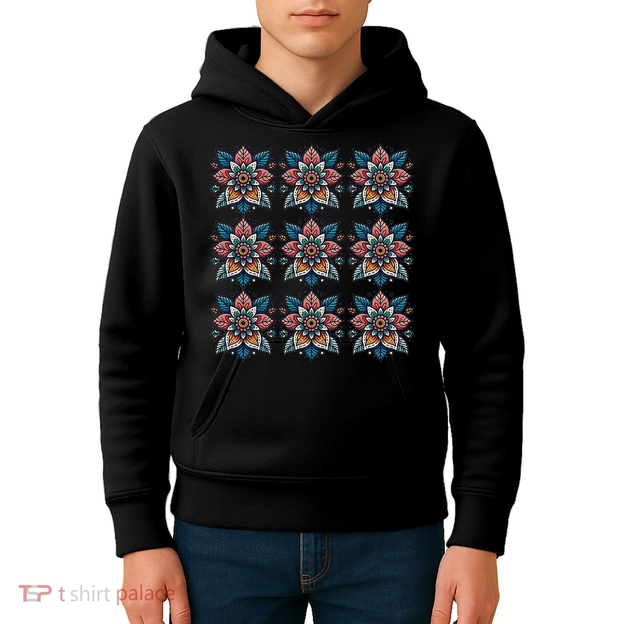 Cute Boho Floral Grid Stylized Flower Graphic Kids Hoodie