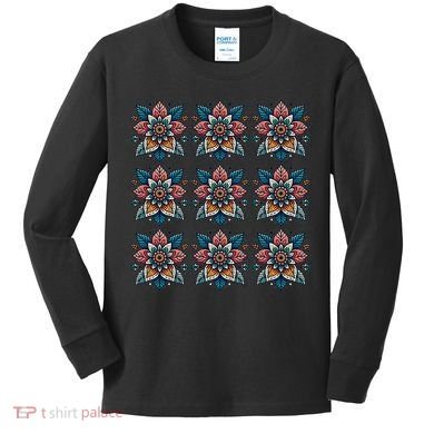 Cute Boho Floral Grid Stylized Flower Graphic Kids Long Sleeve Shirt