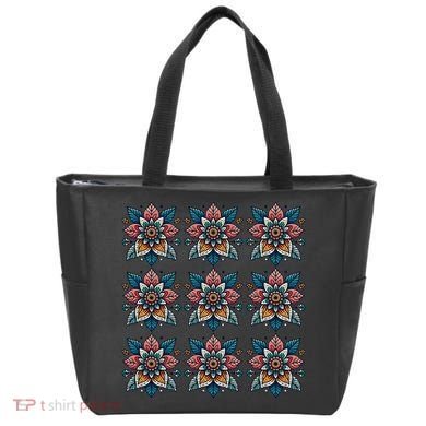 Cute Boho Floral Grid Stylized Flower Graphic Tote Bag