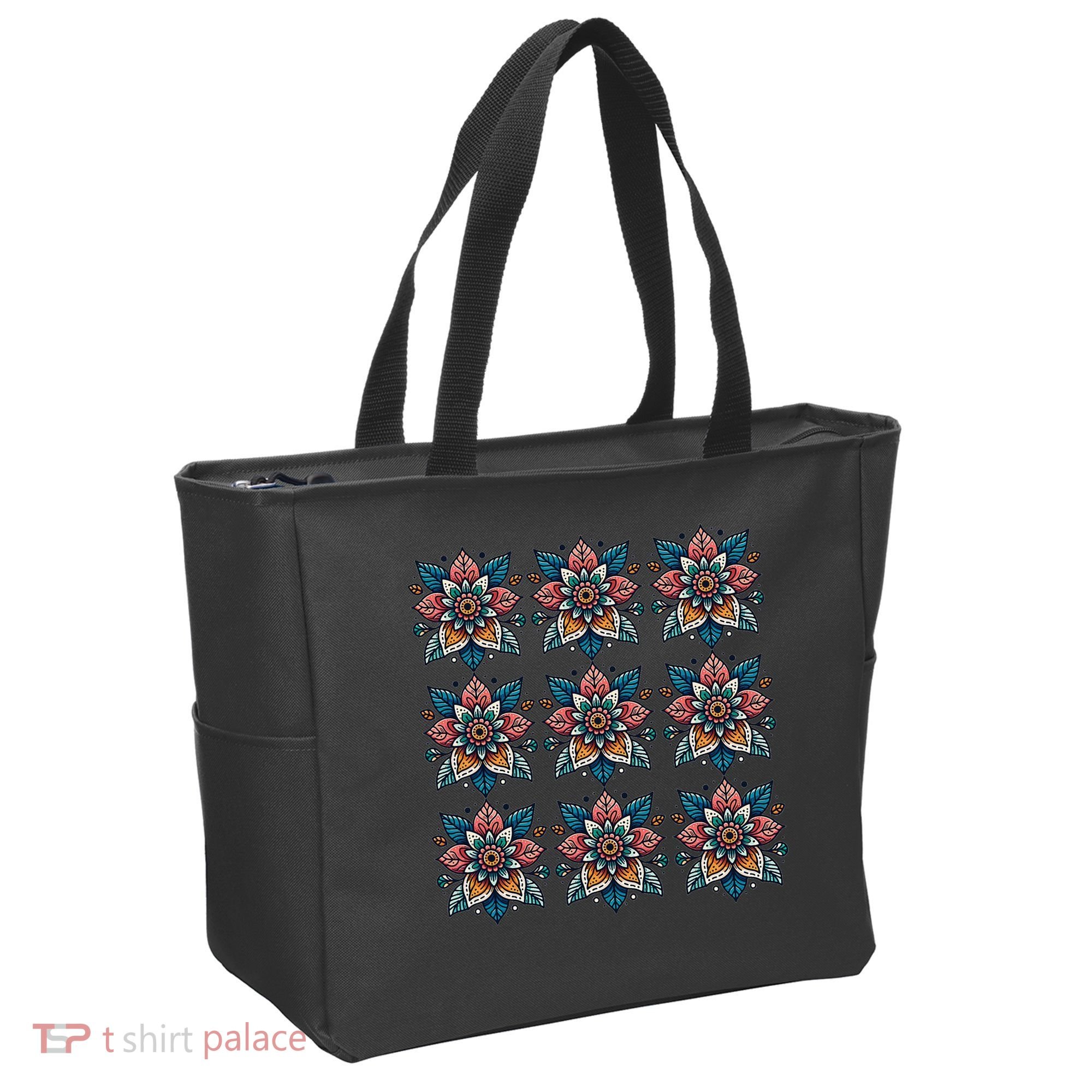 Cute Boho Floral Grid Stylized Flower Graphic Tote Bag