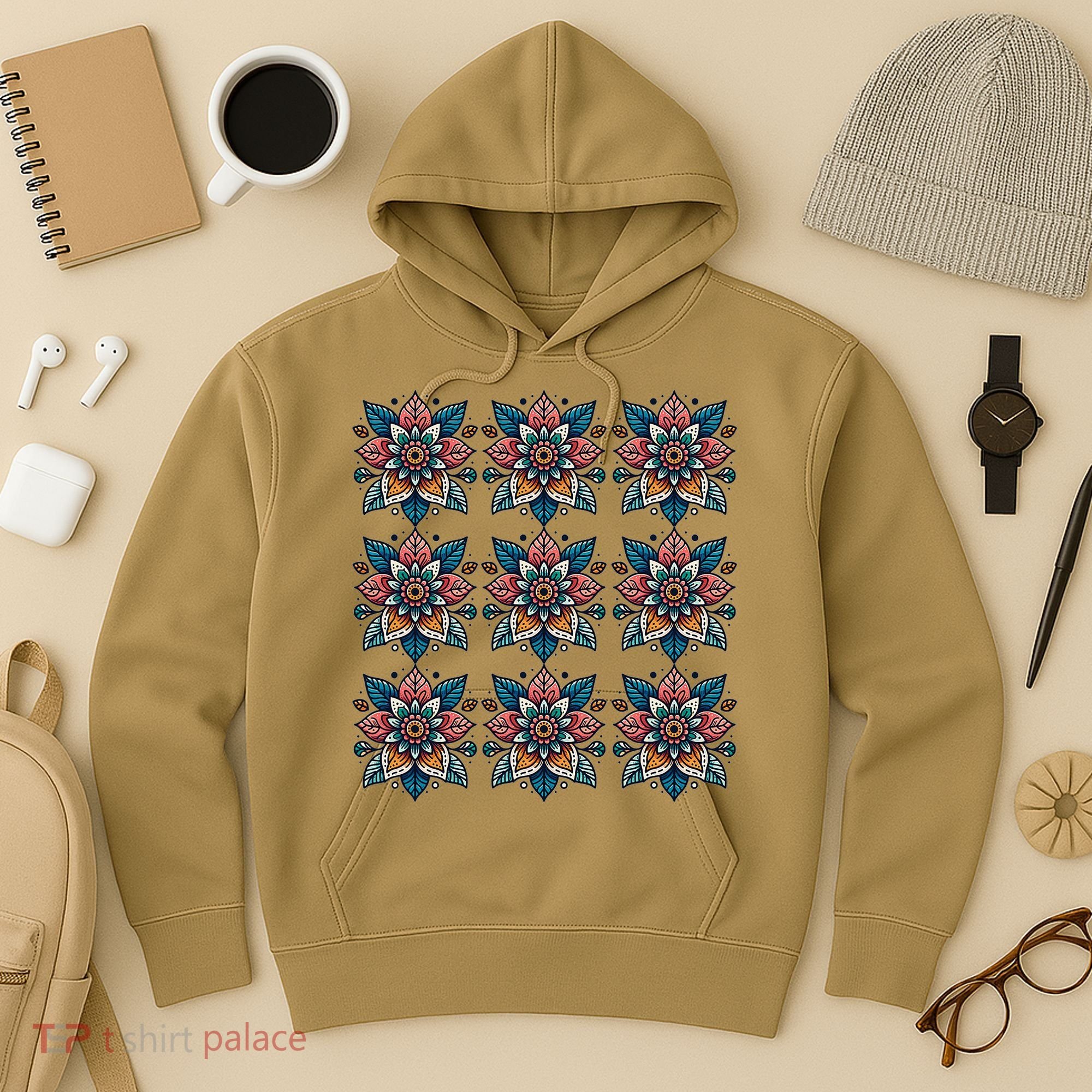 Cute Boho Floral Grid Stylized Flower Graphic Hoodie