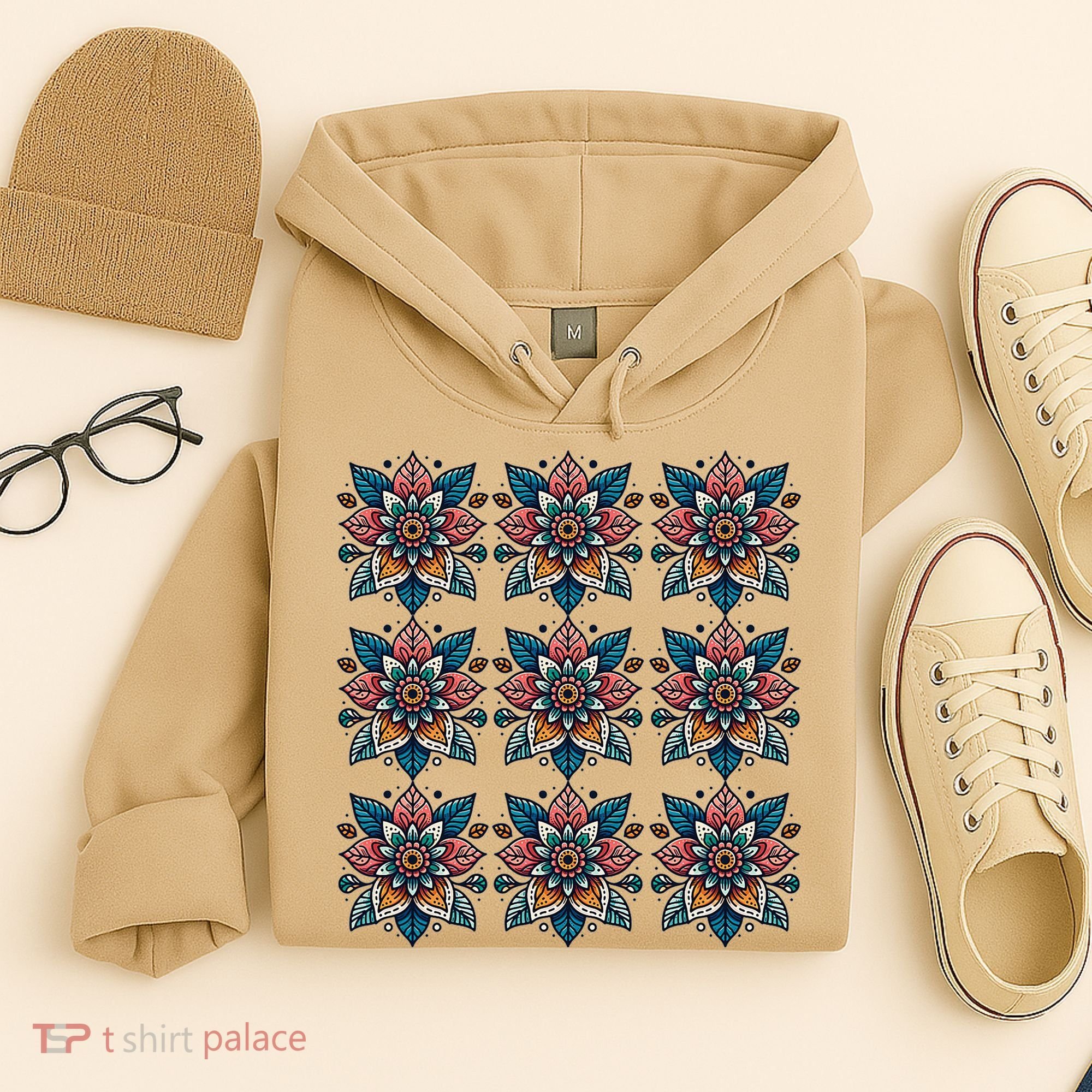 Cute Boho Floral Grid Stylized Flower Graphic Hoodie