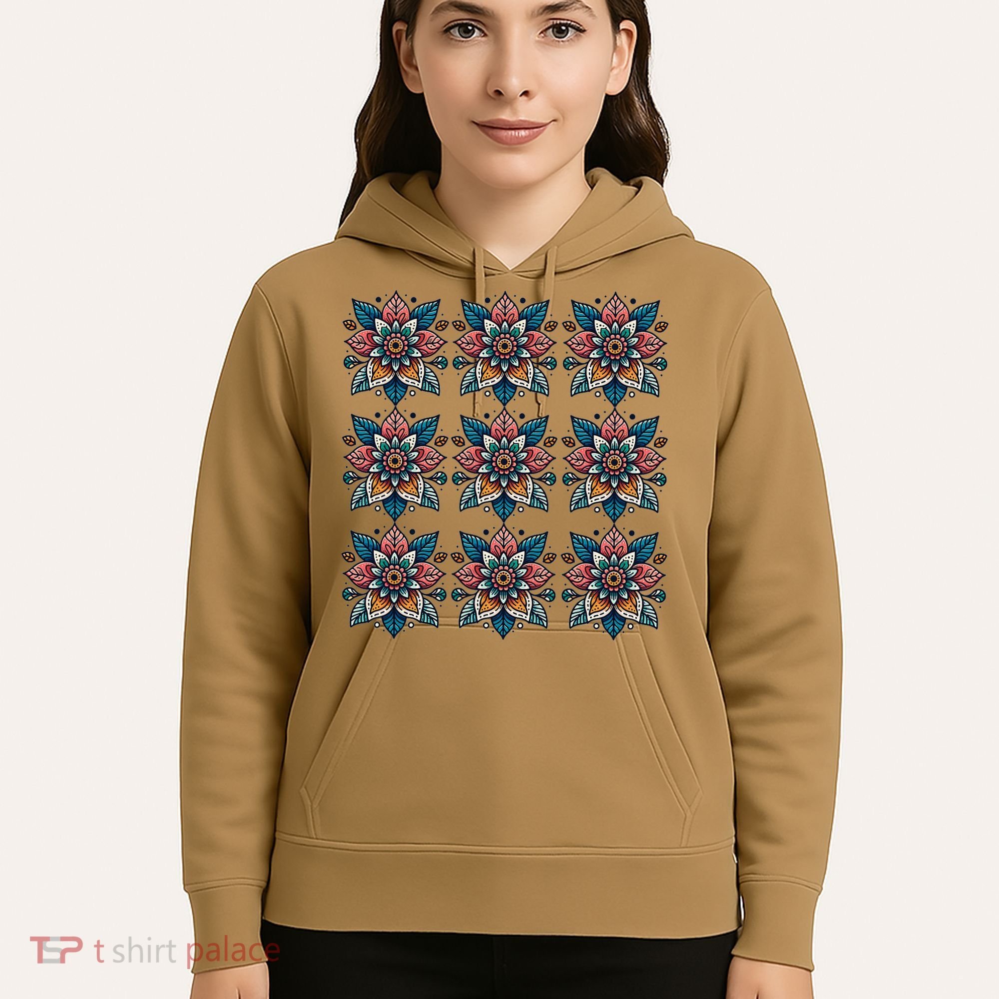 Cute Boho Floral Grid Stylized Flower Graphic Hoodie