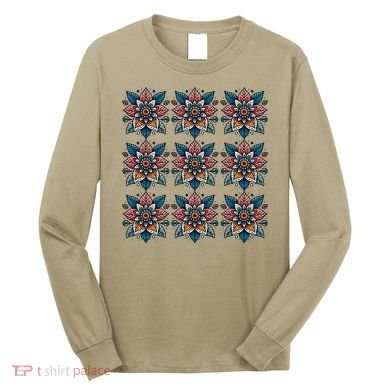 Cute Boho Floral Grid Stylized Flower Graphic Long Sleeve Shirt