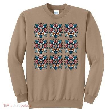 Cute Boho Floral Grid Stylized Flower Graphic Sweatshirt