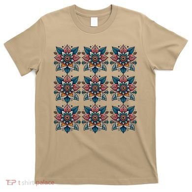 Cute Boho Floral Grid Stylized Flower Graphic T-Shirt