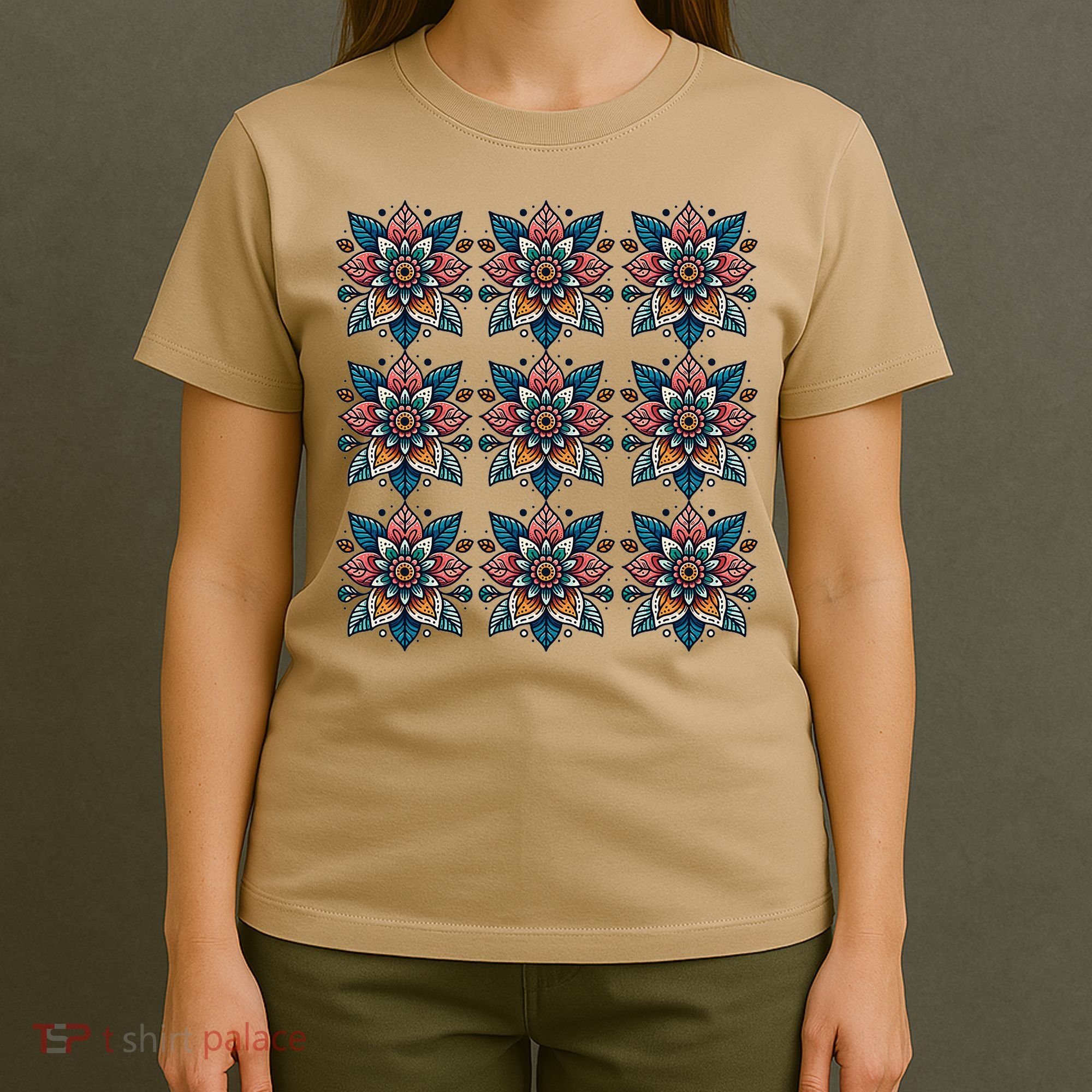 Cute Boho Floral Grid Stylized Flower Graphic T-Shirt