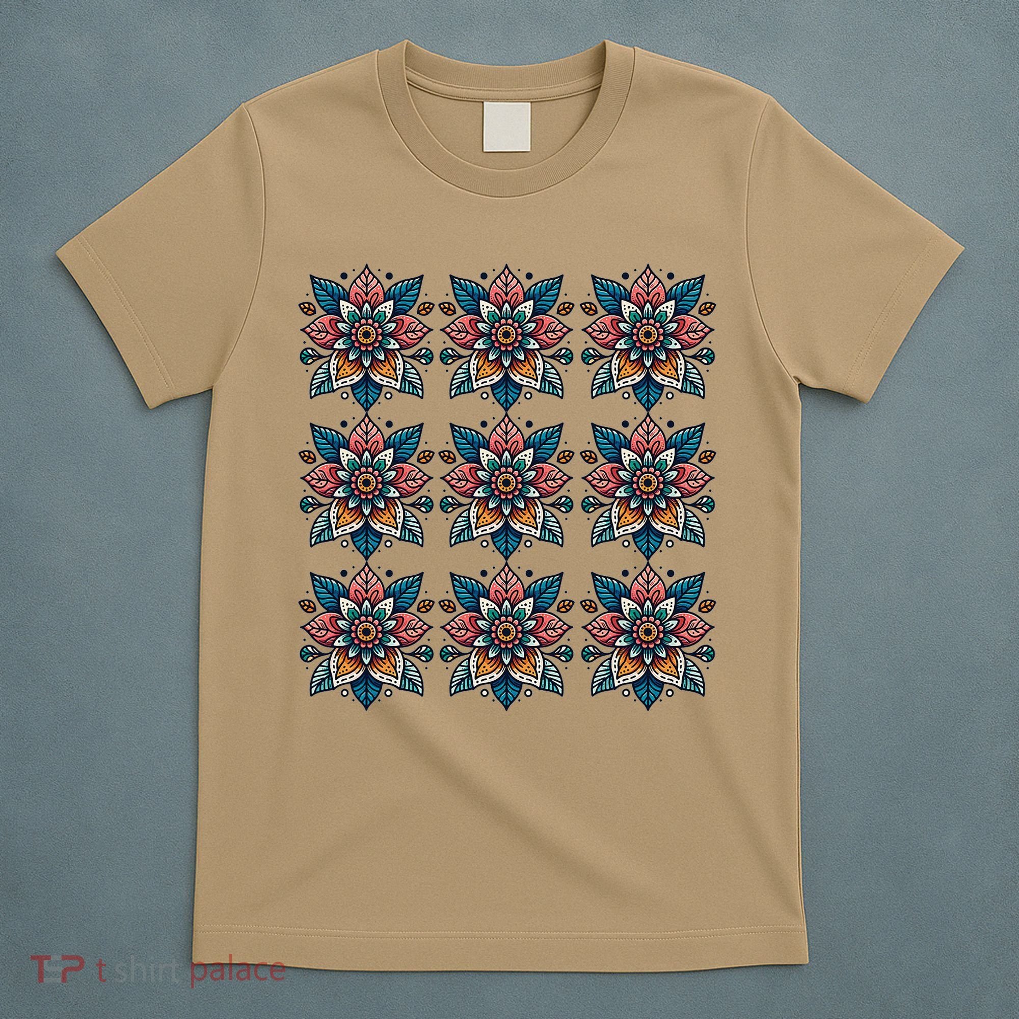 Cute Boho Floral Grid Stylized Flower Graphic T-Shirt