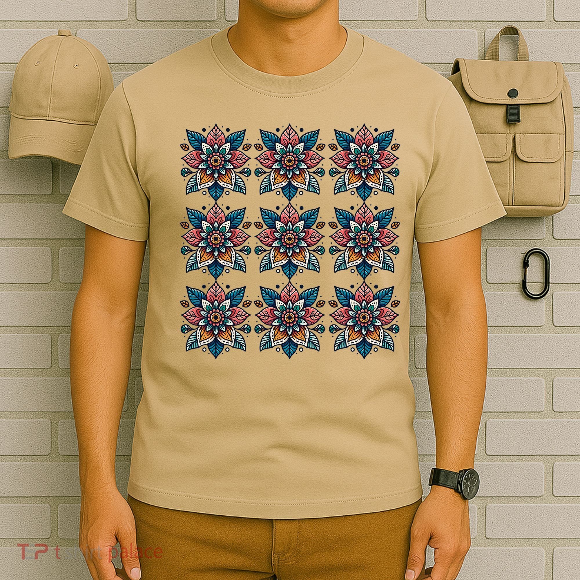 Cute Boho Floral Grid Stylized Flower Graphic T-Shirt