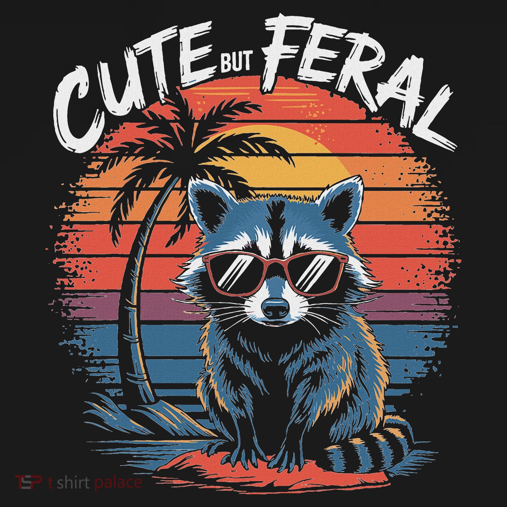 Cute But Feral Funny Colorful Racoon With Sunglasses Raccoon T-Shirt