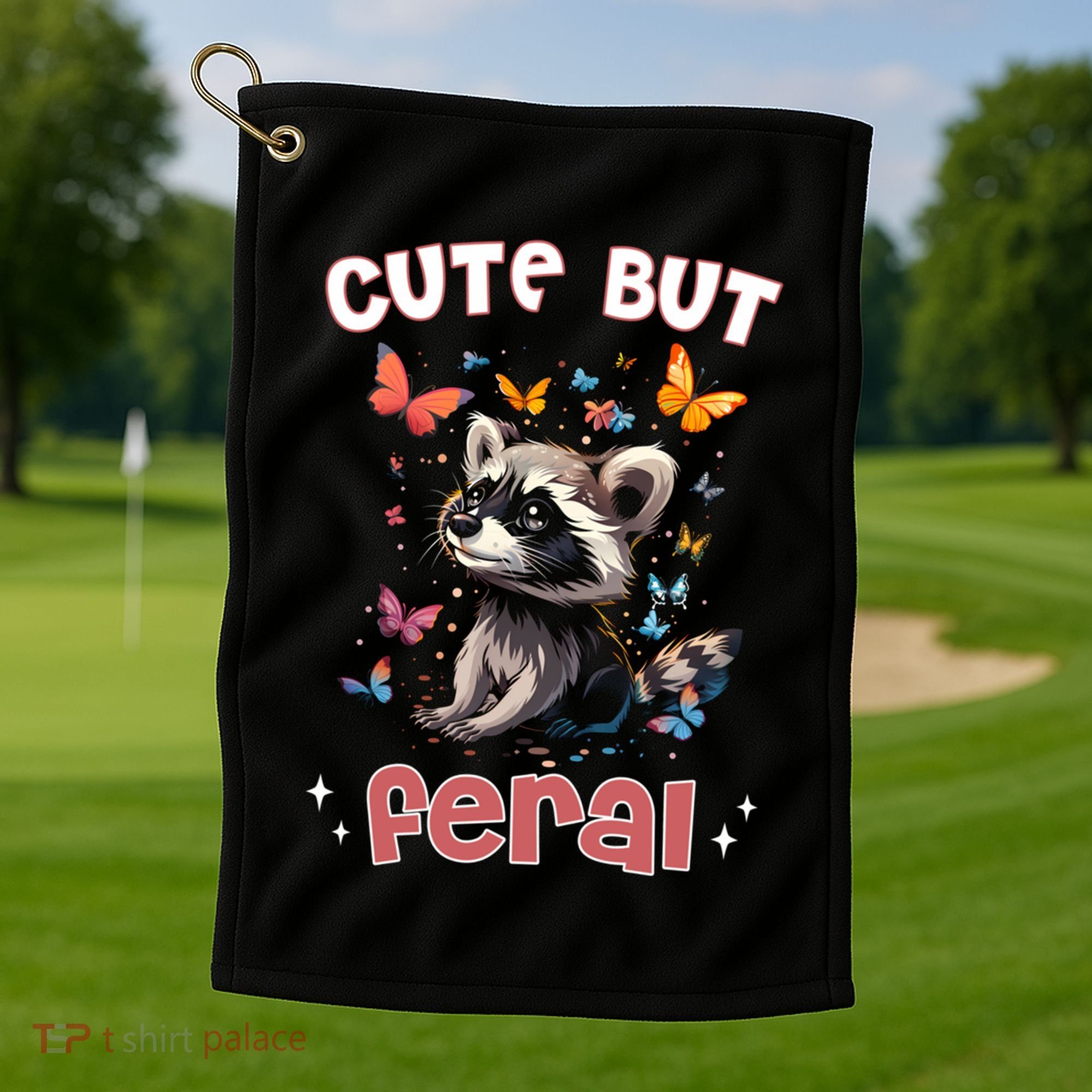 Cute But Feral Funny Raccoon Blue Butterfly Summer Gift Golf Towel