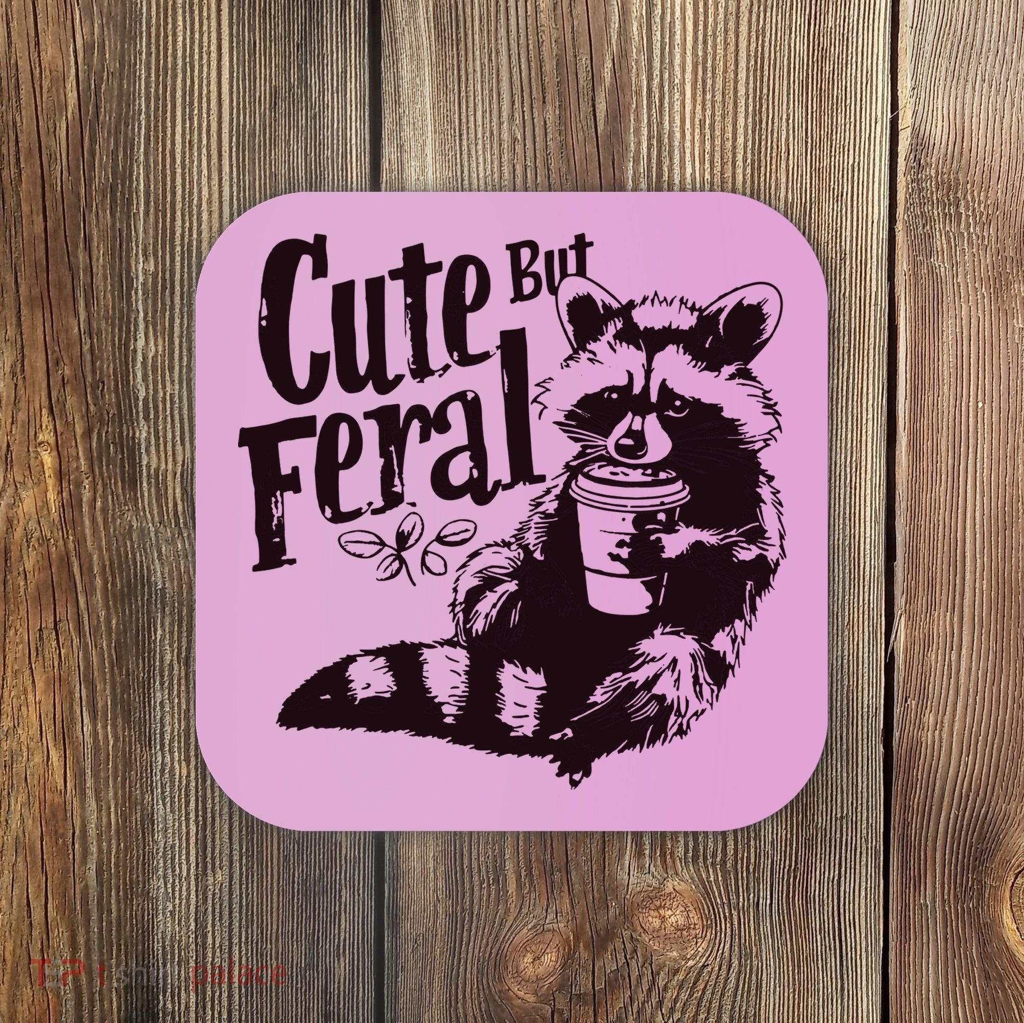 Cute But Feral Meme Funny Raccoon Coaster