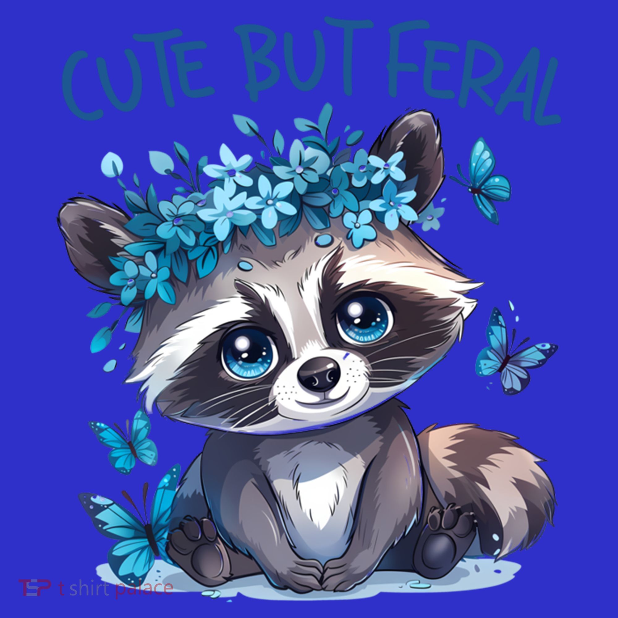 Cute But Feral Funny Raccoon Blue Butterfly Summer Great Gift T-Shirt