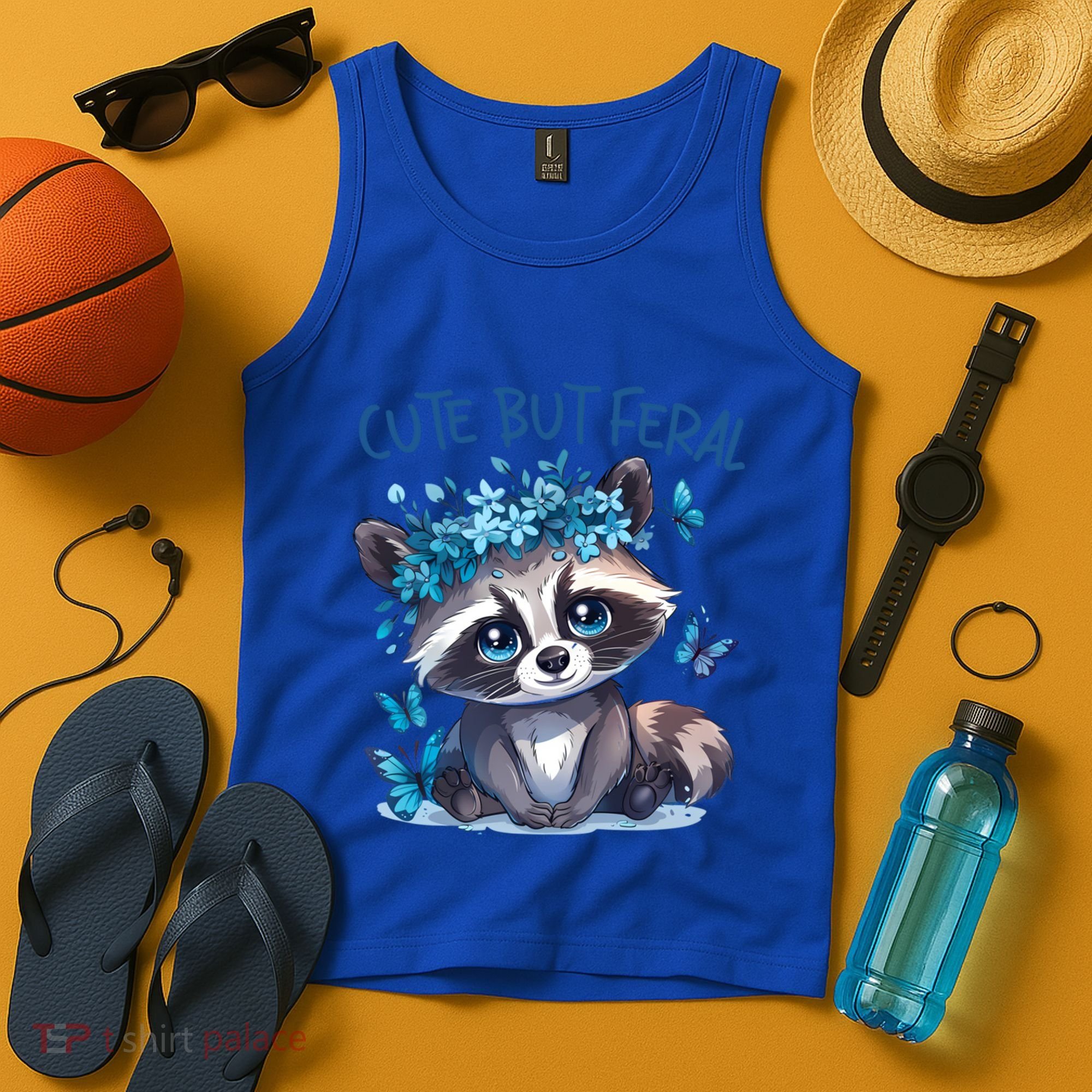 Cute But Feral Funny Raccoon Blue Butterfly Summer Great Gift Tank Top