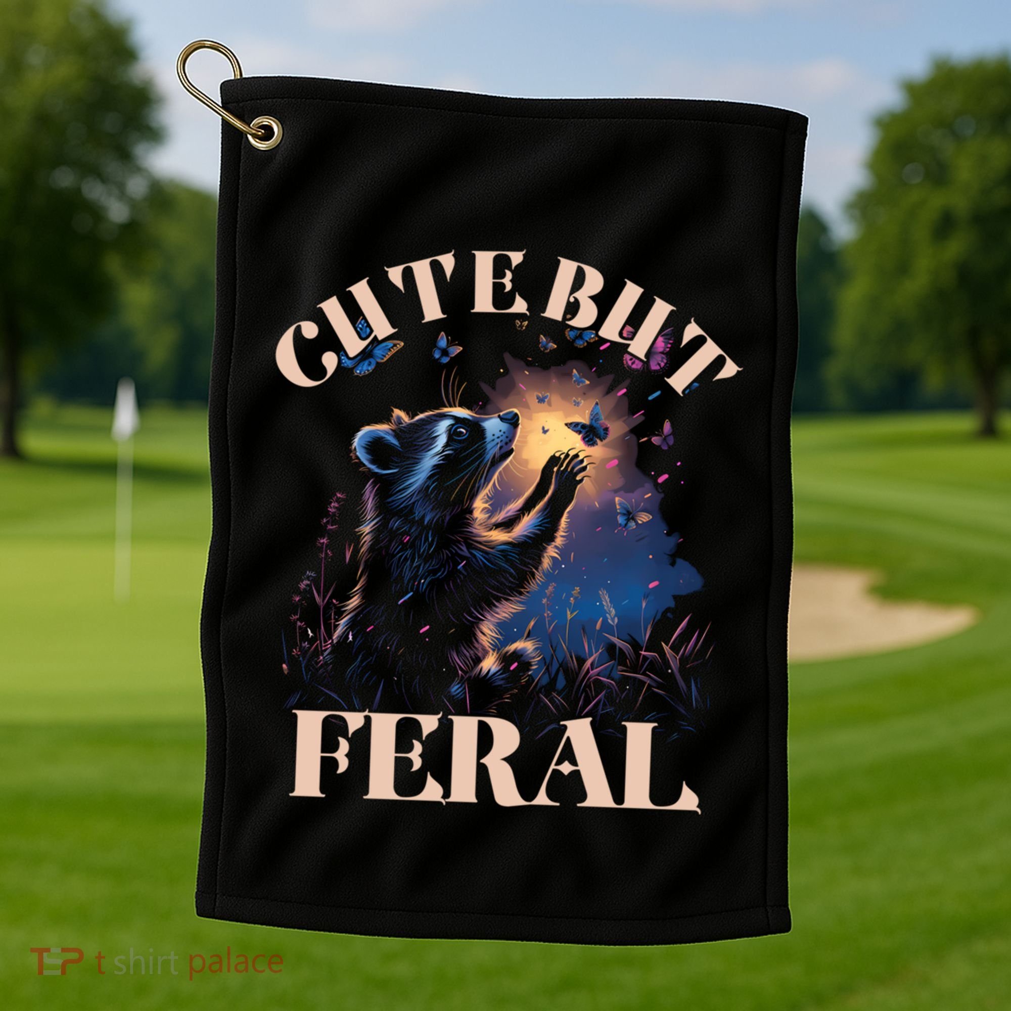 Cute But Feral Funny Raccoon Catching Butterfly Summer Great Gift Golf Towel
