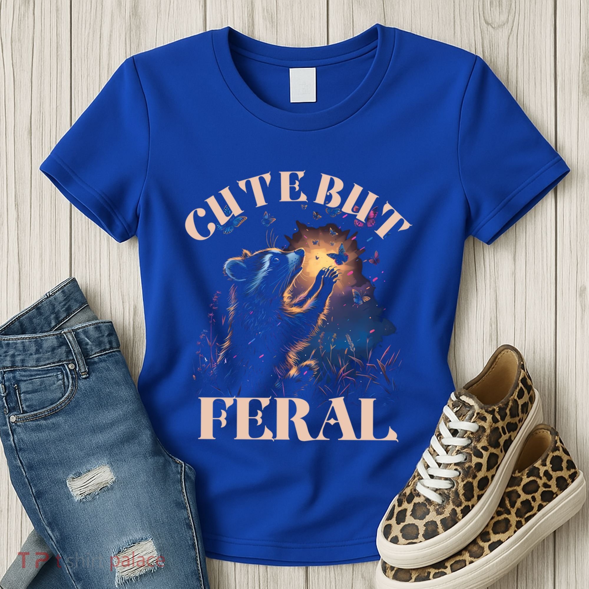 Cute But Feral Funny Raccoon Catching Butterfly Summer Great Gift Women's T-Shirt
