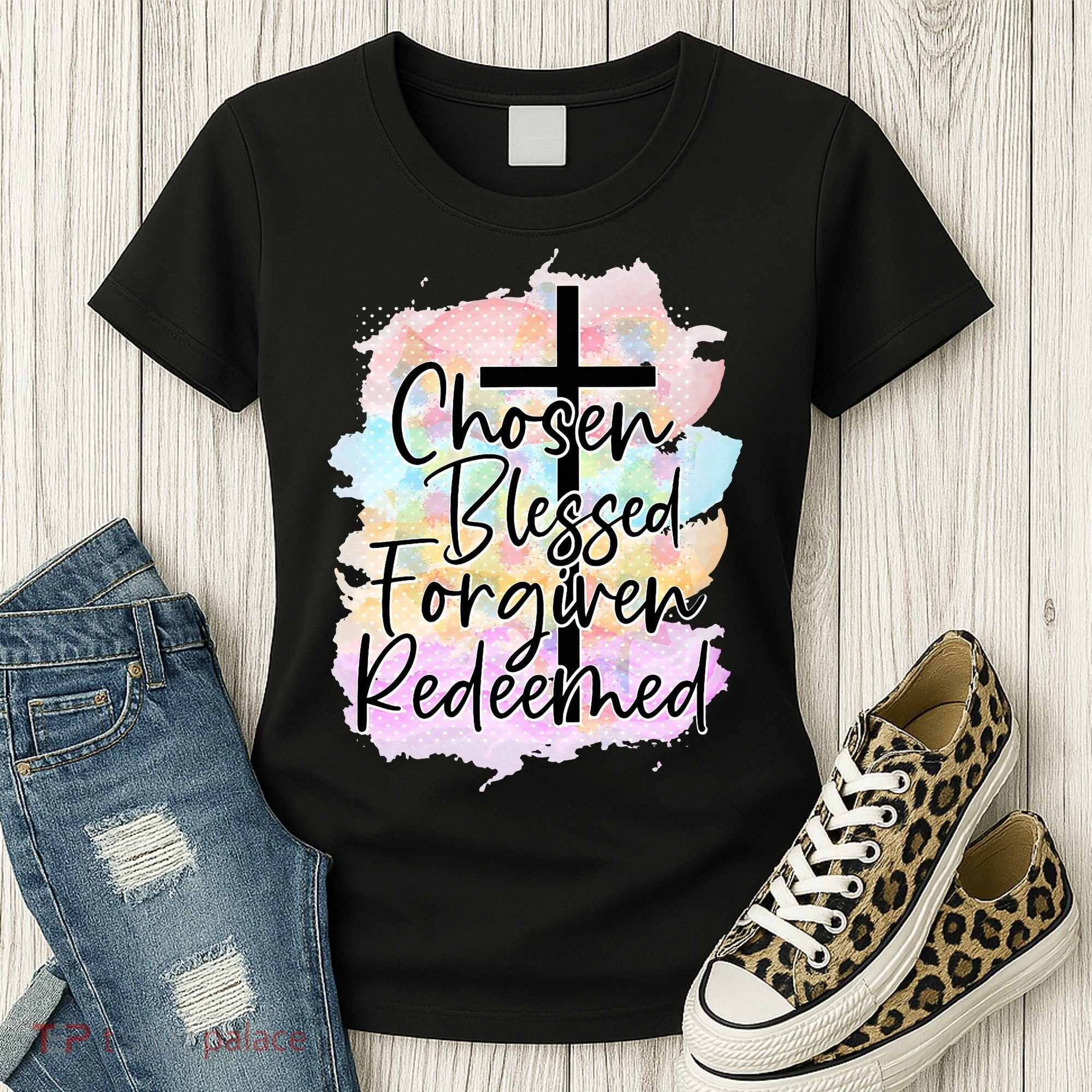 Chosen Blessed Forgiven Redeemed Christian Cross Jesus Cute Women's T-Shirt