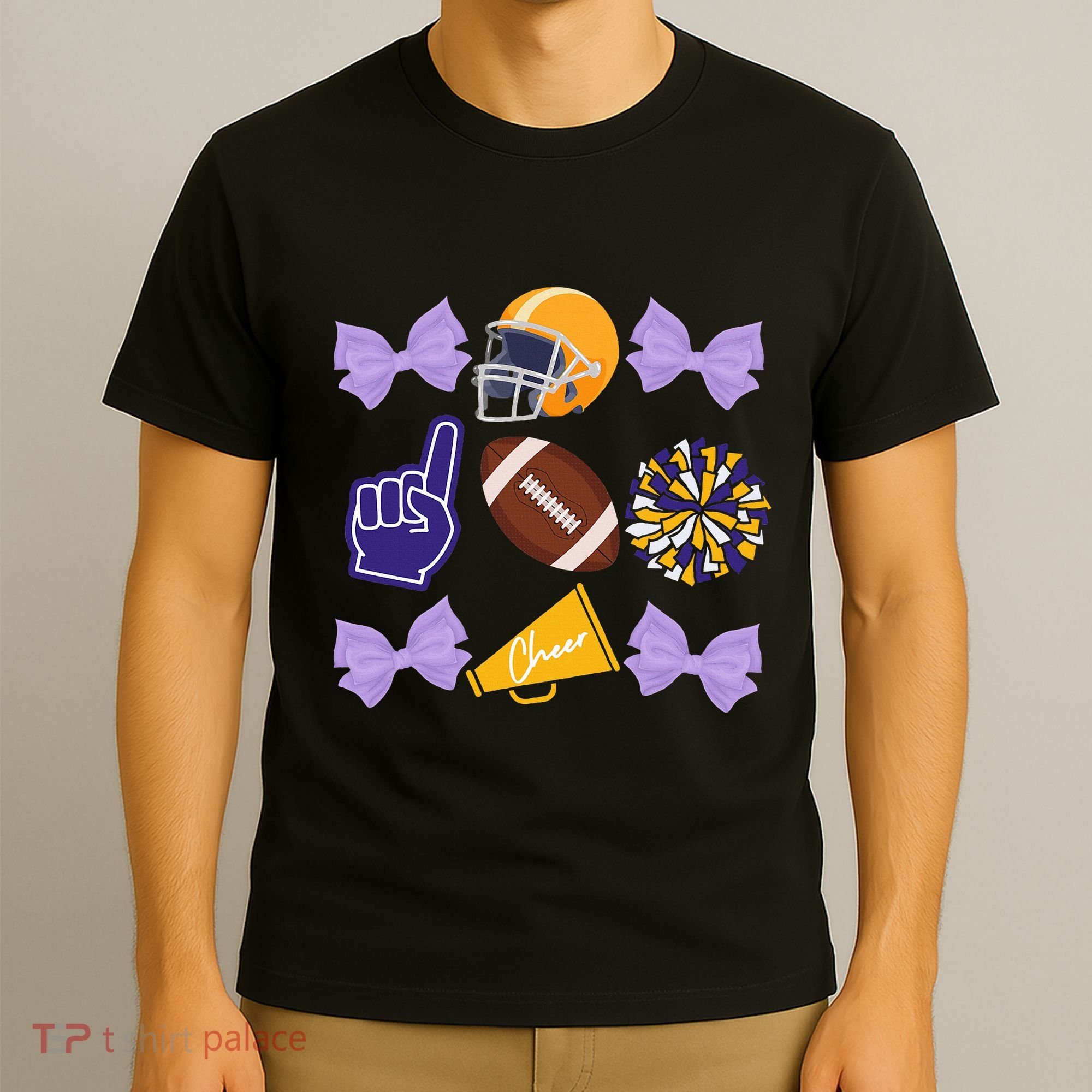 Coquette Bow Football Purple Gold Game Cheer Mom Touchdown T-Shirt