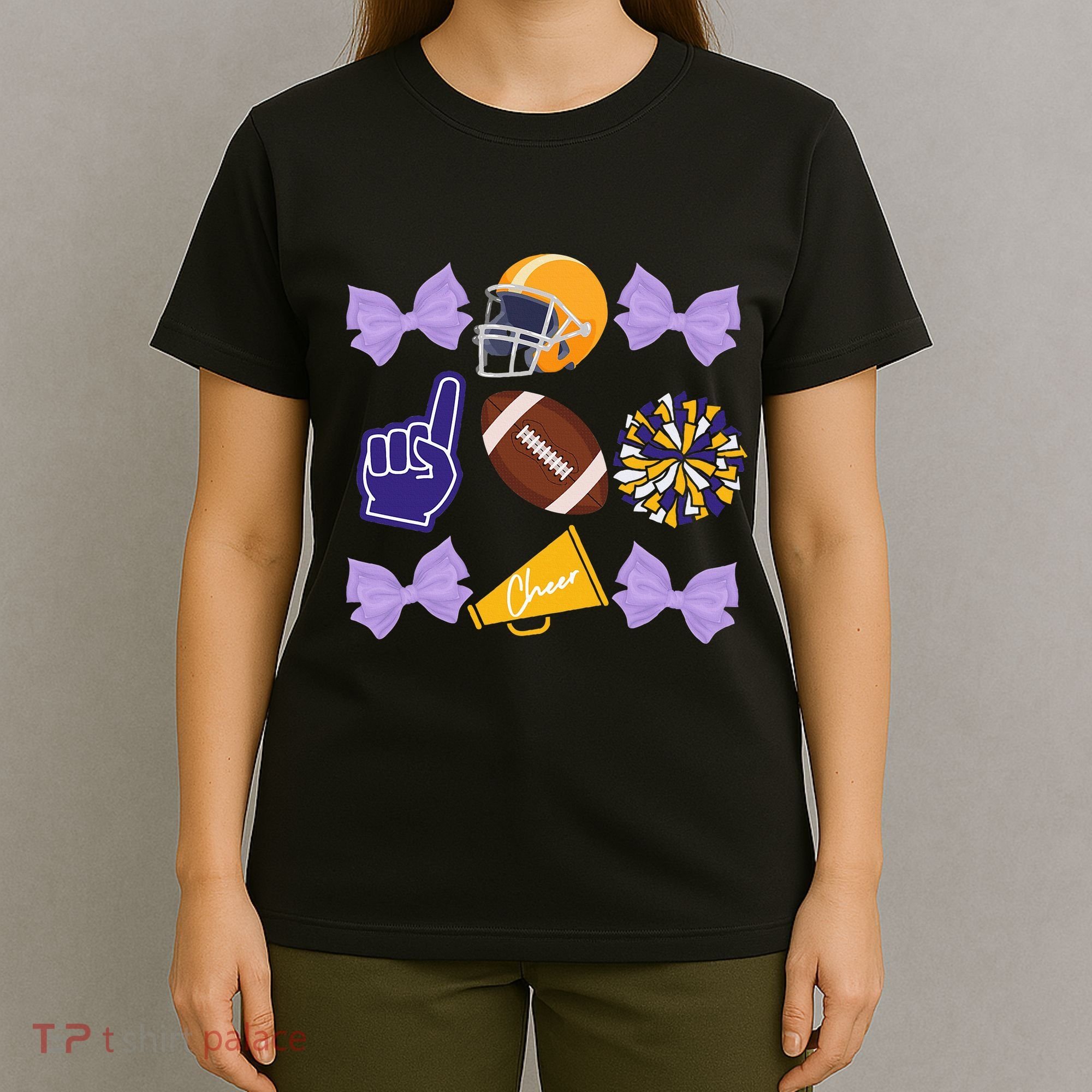 Coquette Bow Football Purple Gold Game Cheer Mom Touchdown T-Shirt