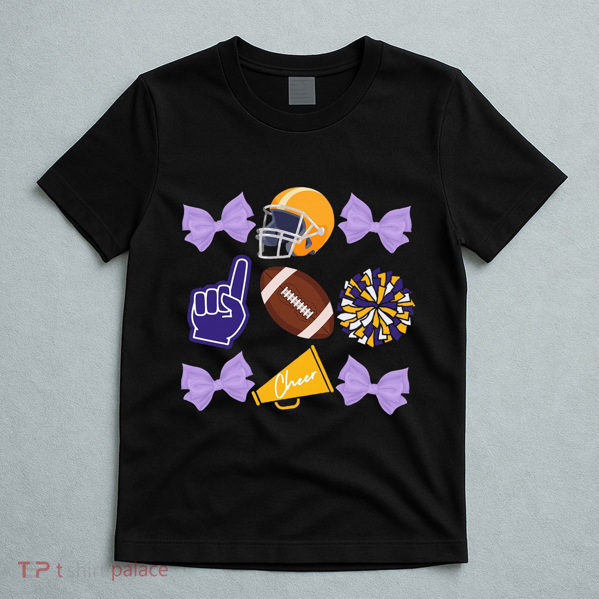 Coquette Bow Football Purple Gold Game Cheer Mom Touchdown T-Shirt
