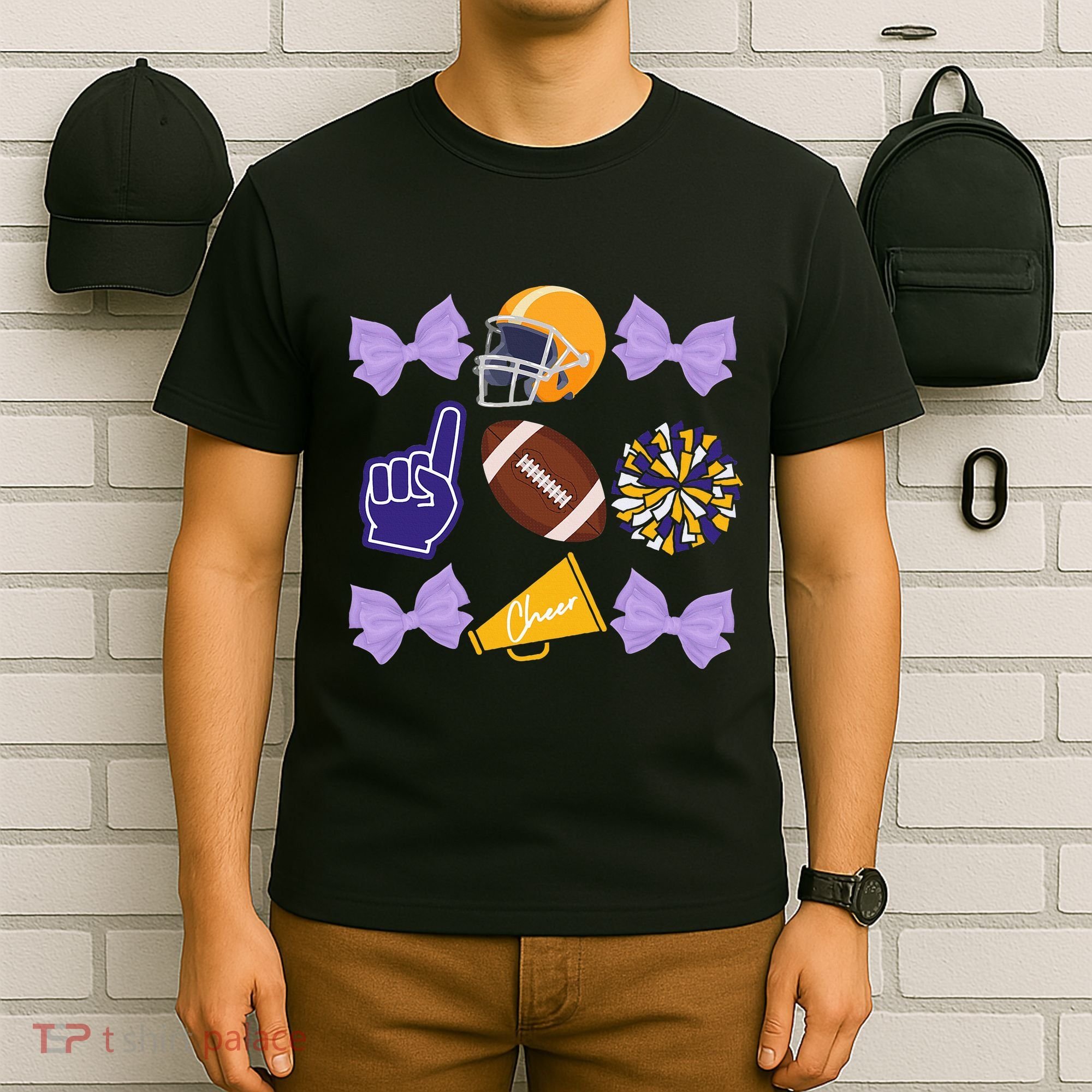 Coquette Bow Football Purple Gold Game Cheer Mom Touchdown T-Shirt