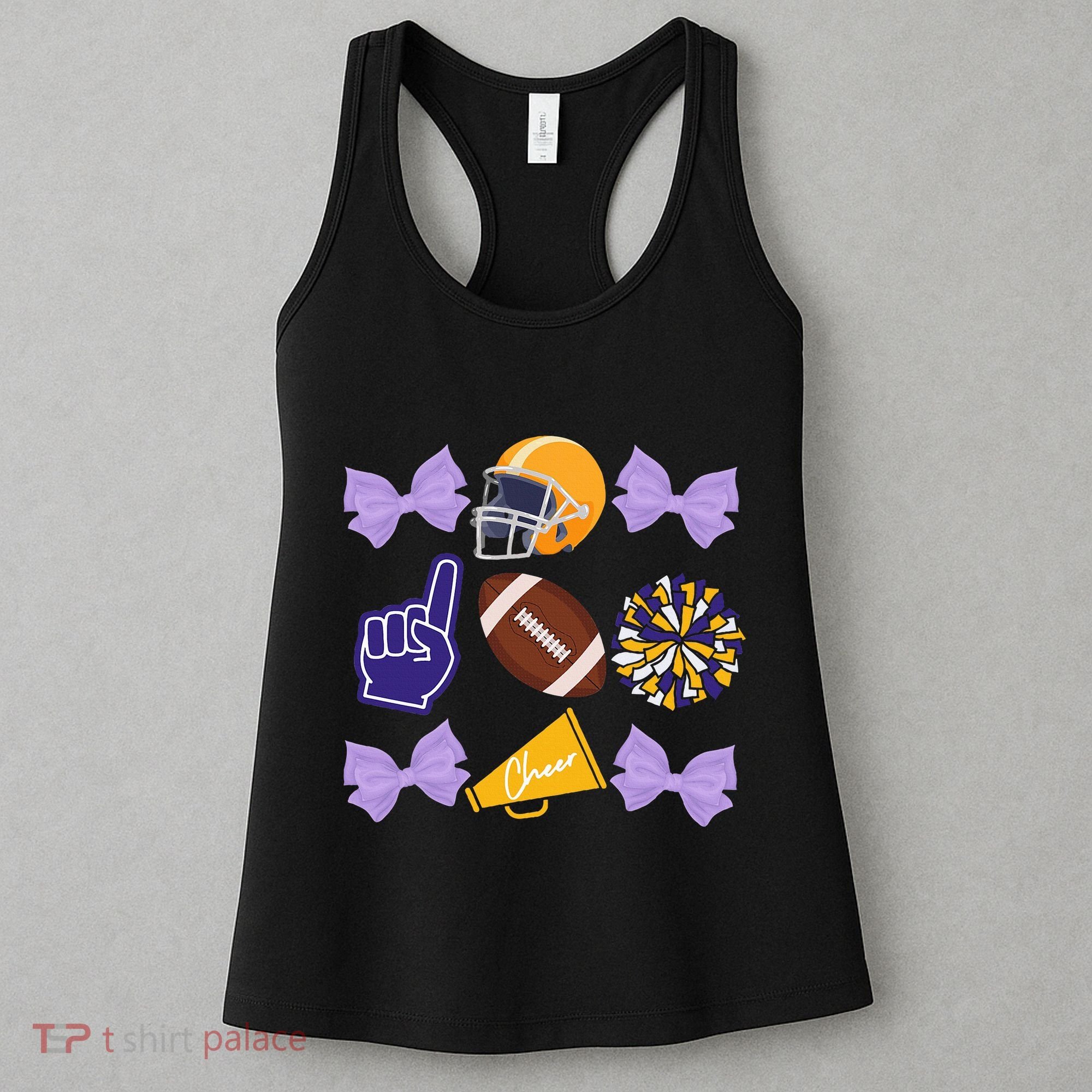 Coquette Bow Football Purple Gold Game Cheer Mom Touchdown Women's Tank Top