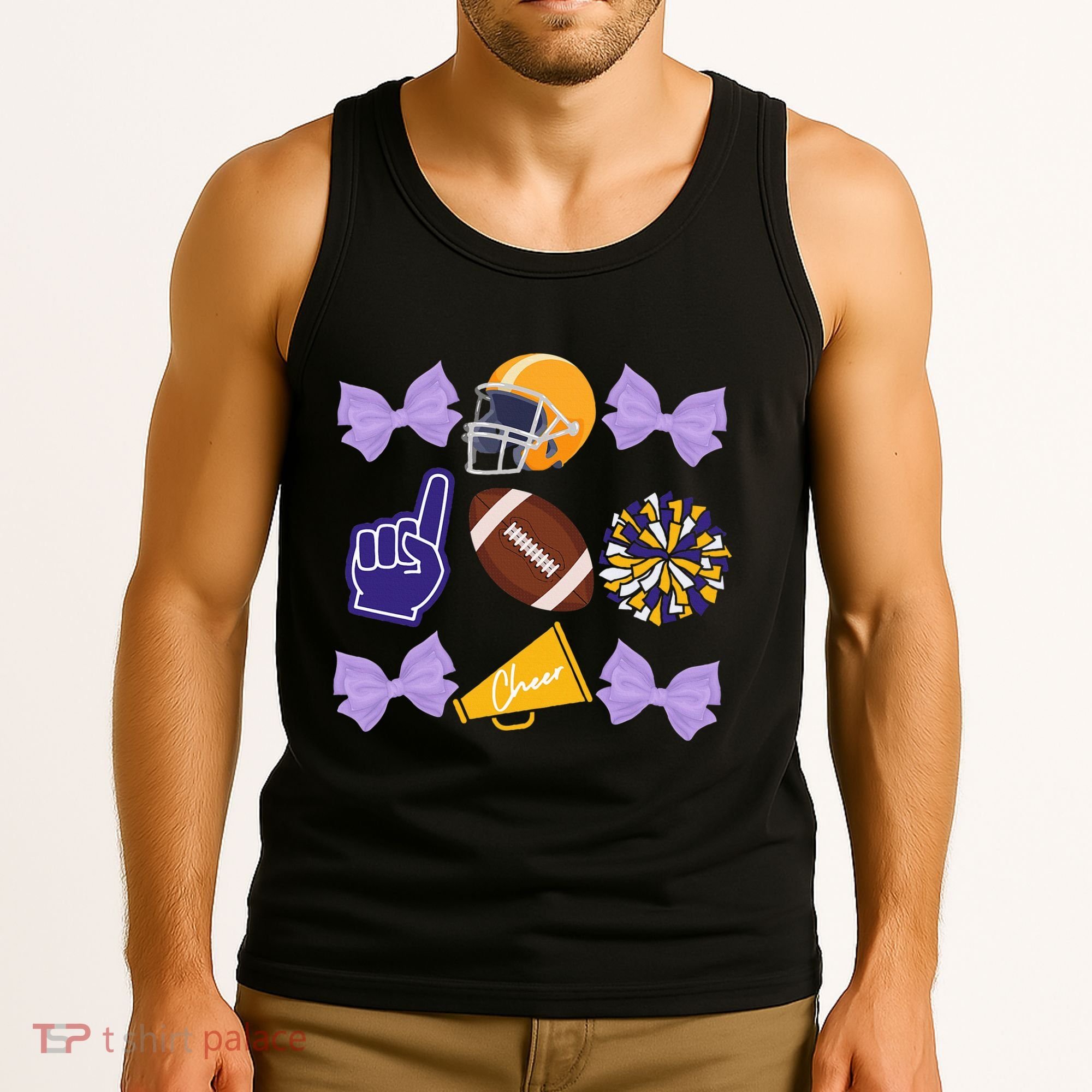 Coquette Bow Football Purple Gold Game Cheer Mom Touchdown Tank Top