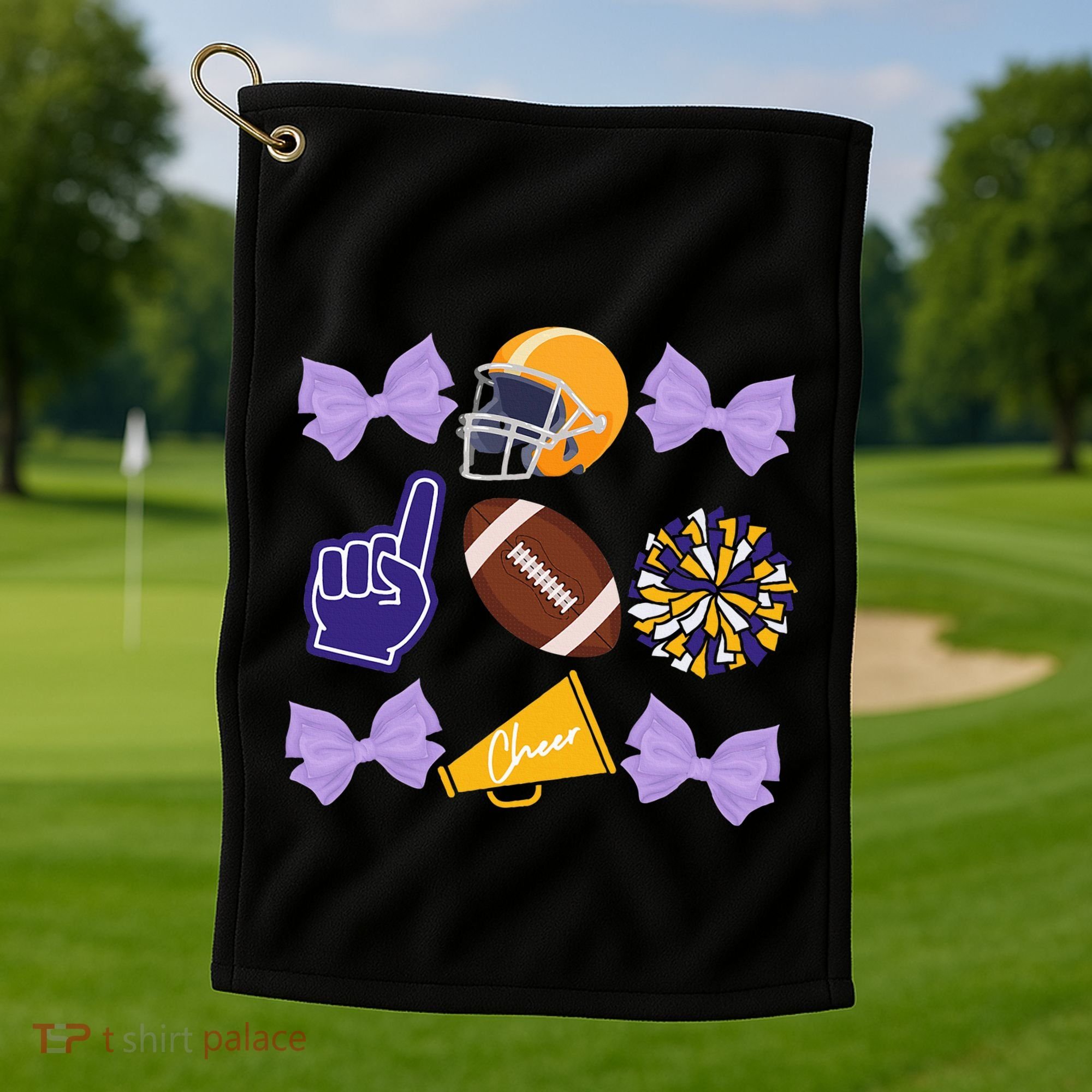 Coquette Bow Football Purple Gold Game Cheer Mom Touchdown Golf Towel