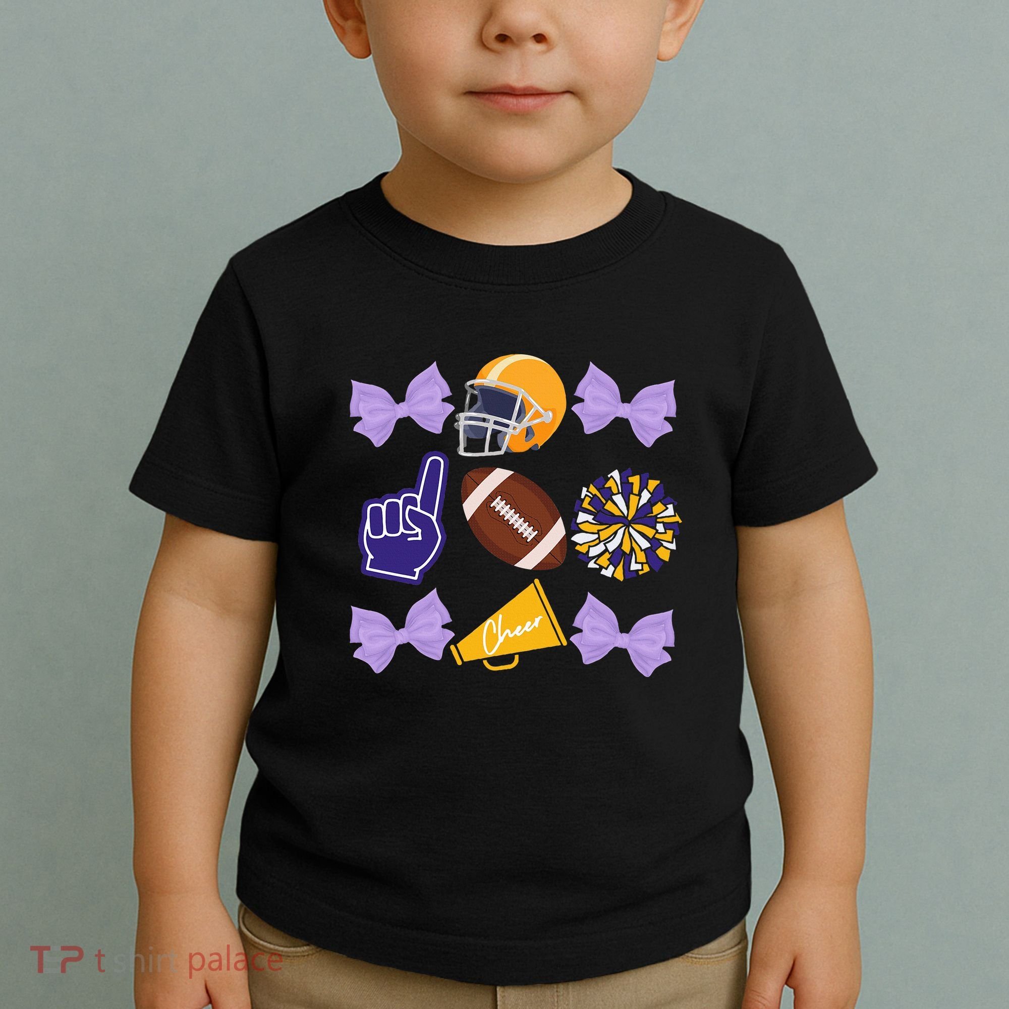 Coquette Bow Football Purple Gold Game Cheer Mom Touchdown Toddler T-Shirt