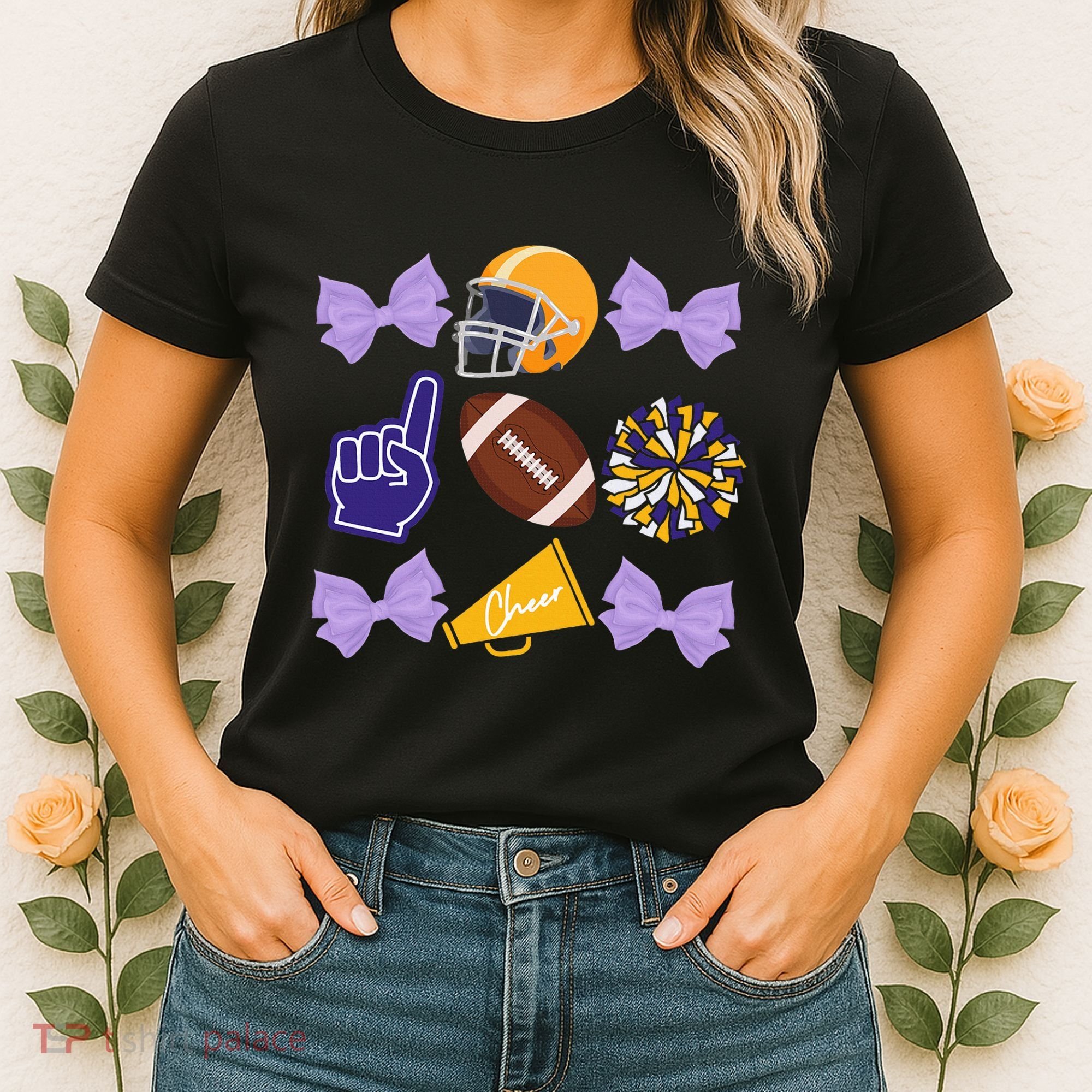 Coquette Bow Football Purple Gold Game Cheer Mom Touchdown Women's T-Shirt