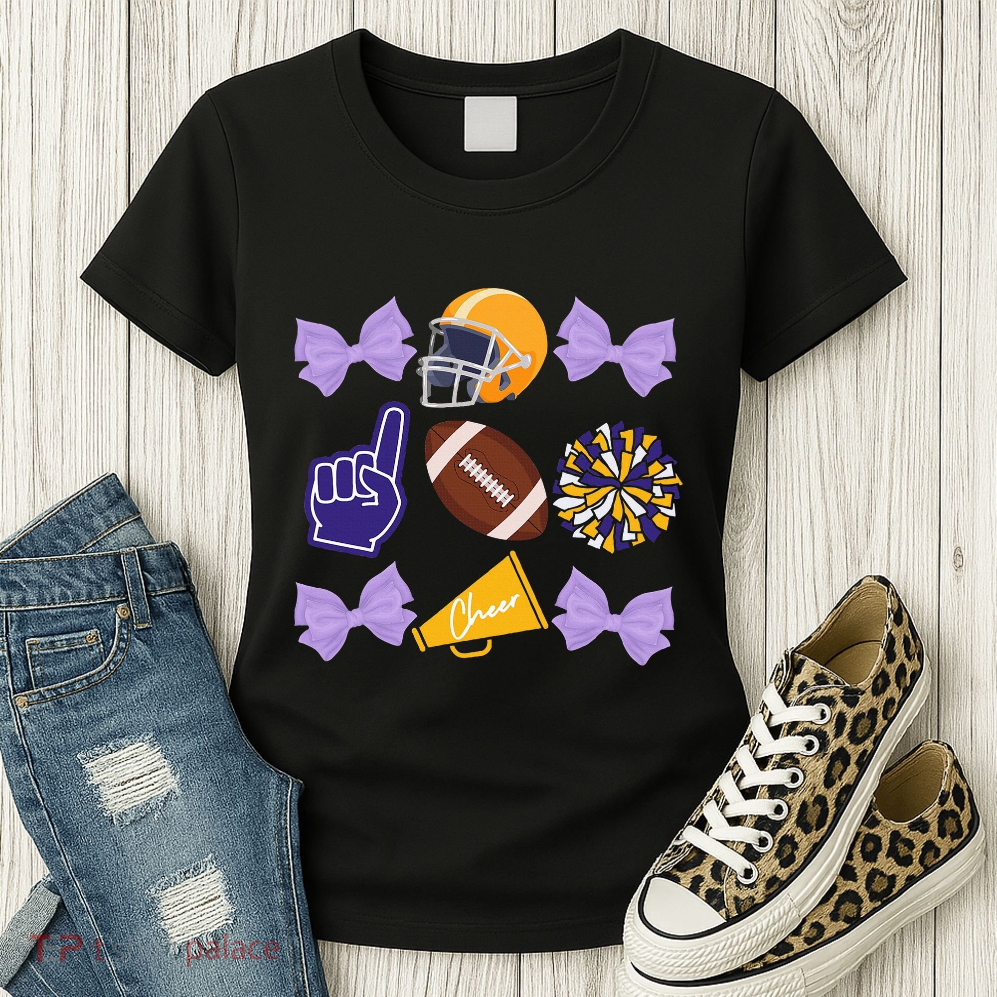 Coquette Bow Football Purple Gold Game Cheer Mom Touchdown Women's T-Shirt